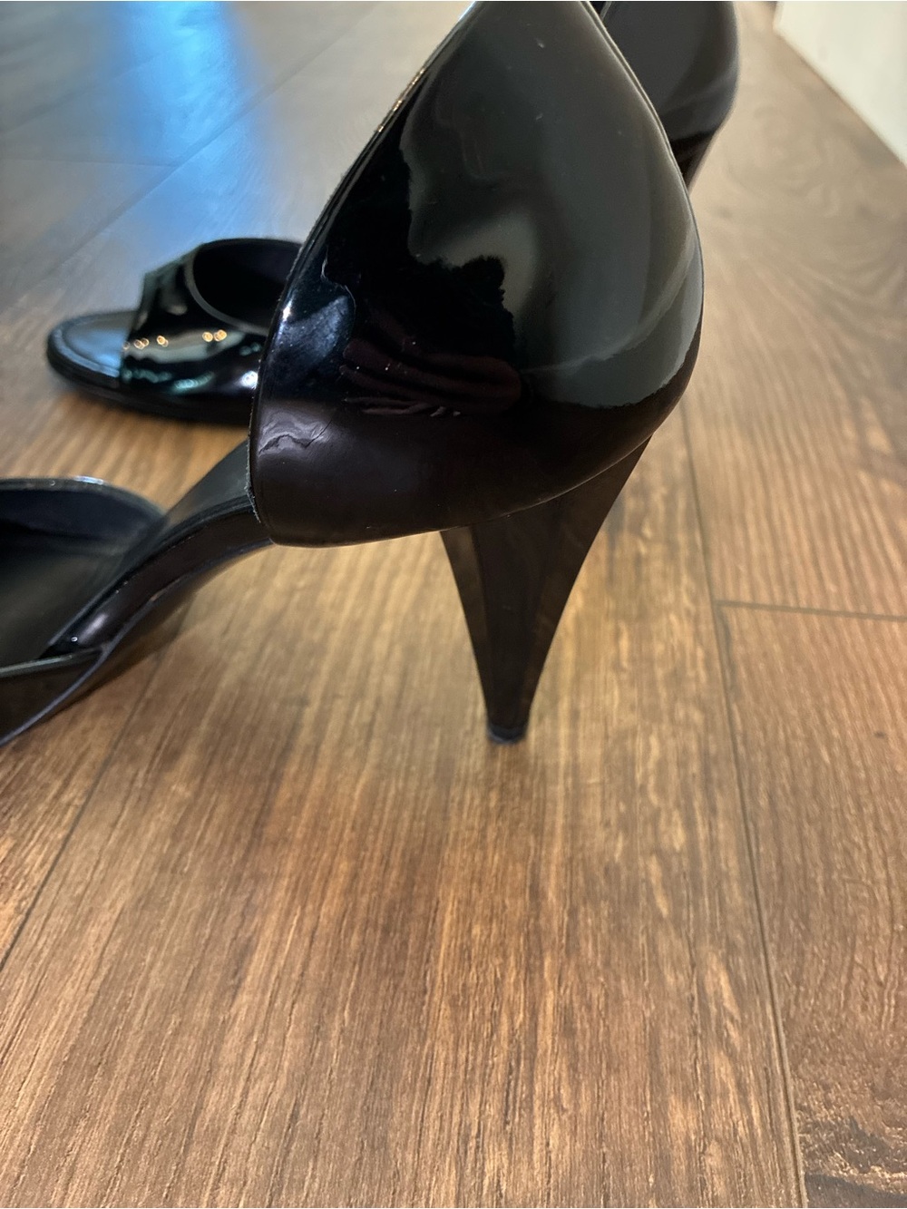 CHANEL Black Patent Leather Open-Toe D'Orsay Heels - Picture 7 of 9